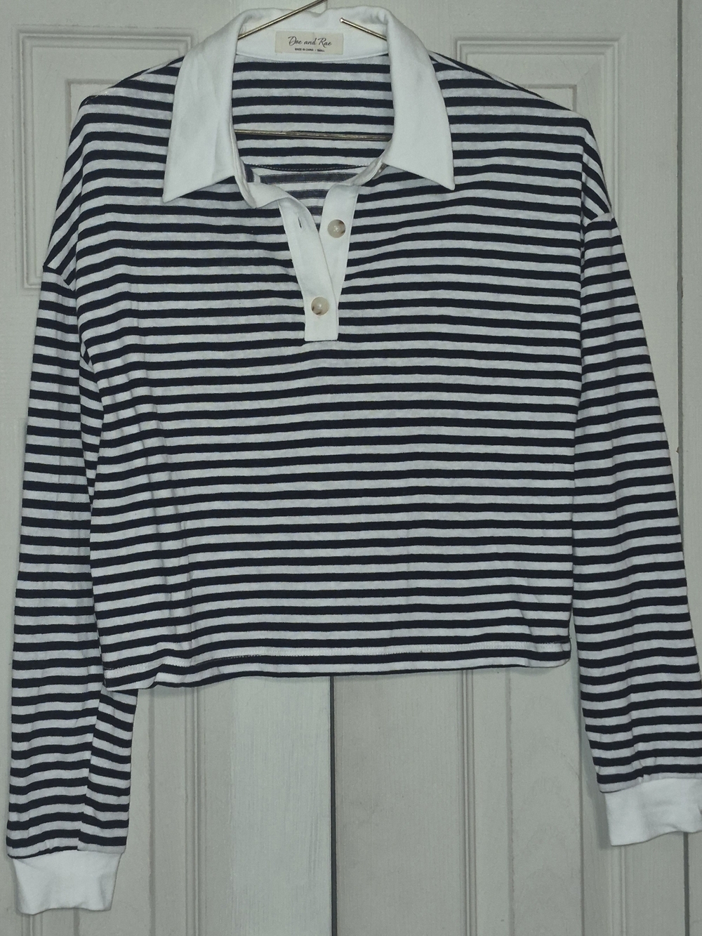 Doe & Rae Navy and White Striped Button-Down Polo